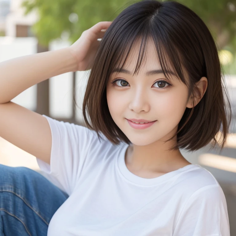 ((Highest quality)), ((masterpiece)), (be familiar with), Perfect Face, Japanese women,Big eyes, round face, smiling face,Short Hair,Large breasts, White t-shirt and short jeans