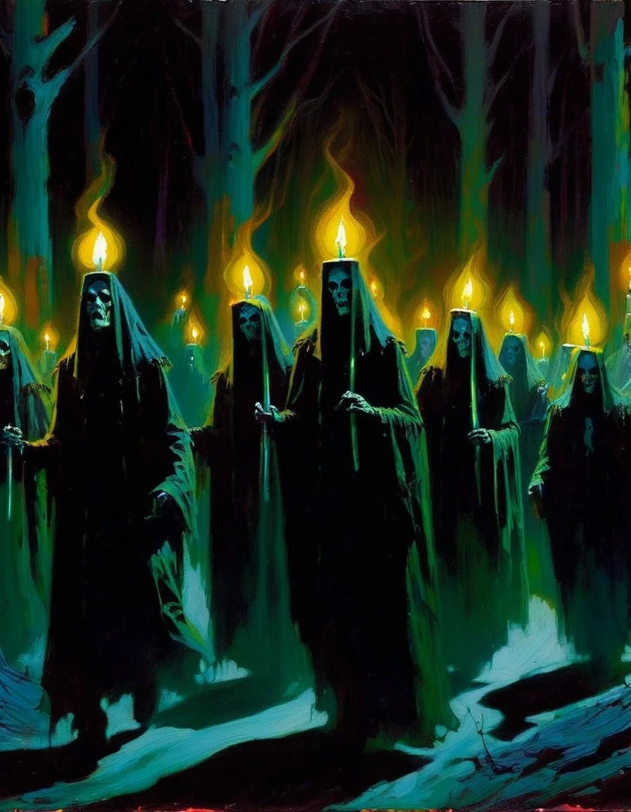 The holy company is a procession of zombies, in two lines and each one carries a candle in their hands, thus they travel the dark paths of the night forest (art inspired by Bill Sienkiewicz). oil painting)