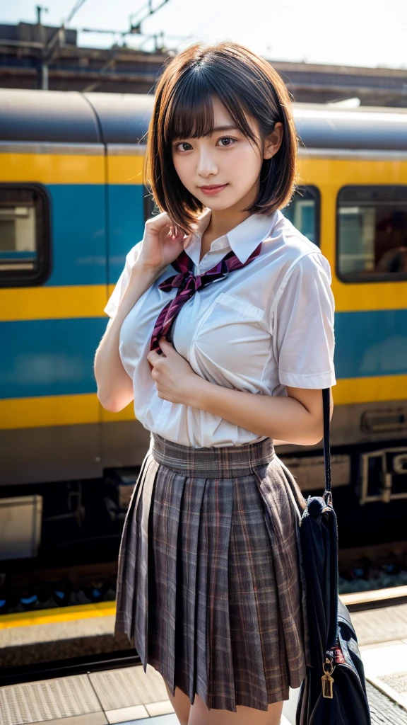 (masterpiece:1.2, highest quality), bokeh, 1 high school girl, 
(Japanese idle:1.6), Plump breast, Blushed face, short bob hair, Looking at the viewer, standing at the train railway, high school uniform:1.6), sundown, Close up, expresses the roundness and softness of your chest
