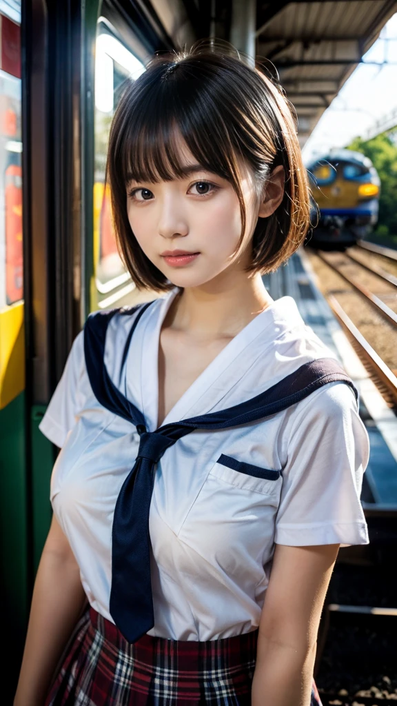 (masterpiece:1.2, highest quality), bokeh, 1 high school girl, 
(Japanese idle:1.6), Plump breast, Blushed face, short bob hair, Looking at the viewer, standing at the train railway, high school uniform:1.6), sundown, Close up, expresses the roundness and softness of your chest
