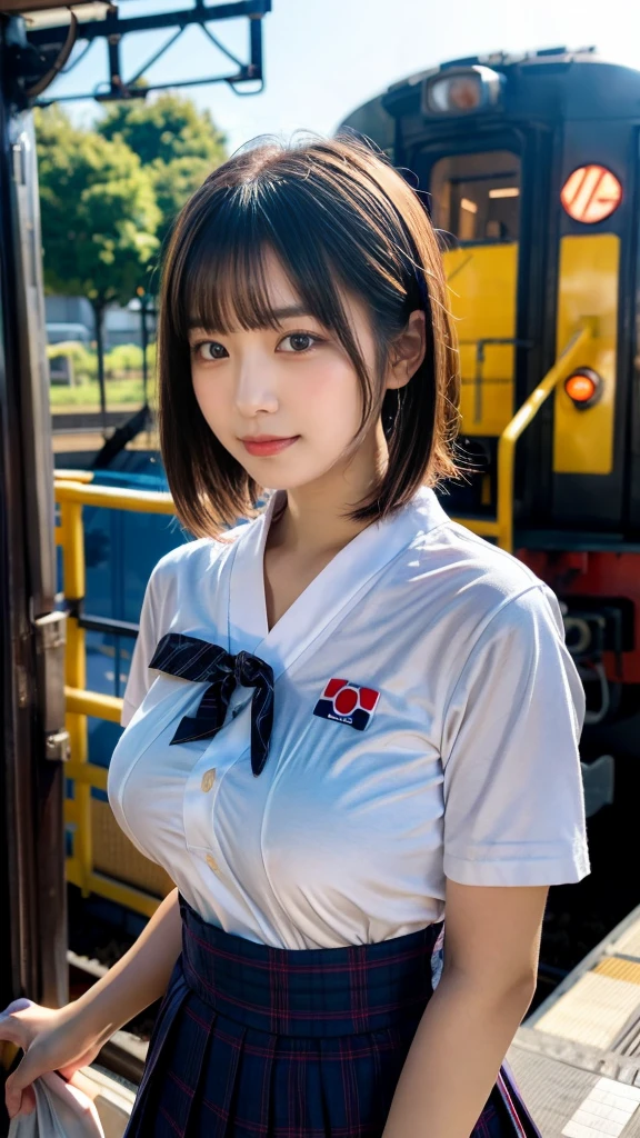 (masterpiece:1.2, highest quality), bokeh, 1 high school girl, 
(Japanese idle:1.6), Plump breast, Blushed face, short bob hair, Looking at the viewer, standing at the train railway, high school uniform:1.6), sundown, Close up, expresses the roundness and softness of your chest
