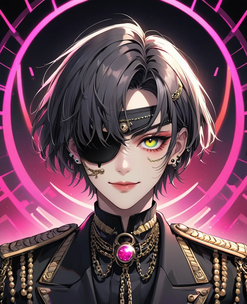 (Digital Illustration，Detailed anime style，Heavy Metal Cyberpunk，Pearl tassel eye mask，Portrait of short-haired boy wearing mask eye patch，Solitary，symmetry)，(Big colorful eyes，Fashionable and exquisite facial features，Exquisite makeup，Smooth skin，Chain decoration on face，Smile，Lip Studs，Soulful gaze，)，(Black suit，Epaulettes-Chain，cool，)，(((Correct human anatomy)))，，out a hand：1.37.Radioactive geometric dynamic light wave background