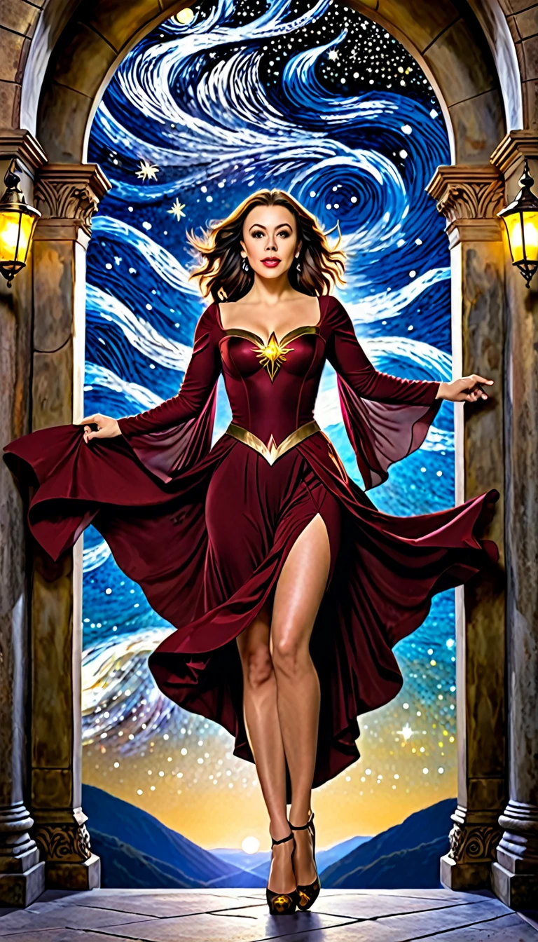 uma bela e requintada mulher (Alyssa Milano as Phoebe Halliwell, from the Charmed series) standing under the starry night sky on the balcony of her monastery, action photo, dynamic angle (ultra detalhado, Obra-prima, melhor qualidade), rosto ultra detalhado (ultra detalhado, Obra-prima, melhor qualidade), ultra feminina, (pele clara: 1,3), cabelos ondulados, dynamic eye color, olhos frios, olhos brilhantes, olhos intensos, dark red lips, [presas], vestindo preto (ultra detalhado, obra-prima , melhor qualidade), usando capa branca (ultra detalhada, Obra-prima, melhor qualidade), capa longa, flowing cape (ultra detalhada, Obra-prima, melhor qualidade), usando botas de salto alto, sky full of stars in the background, lua, action photo, detalhes altos, melhor qualidade, 16k, [ultra detalhado], obra-prima, melhor qualidade, (ultra detalhado), corpo inteiro, foto ultra ampla, fotorrealismo, arte de fantasia sombria, arte de fantasia sombria, muitas estrelas, escuro arte de fantasia, feeling dread. 