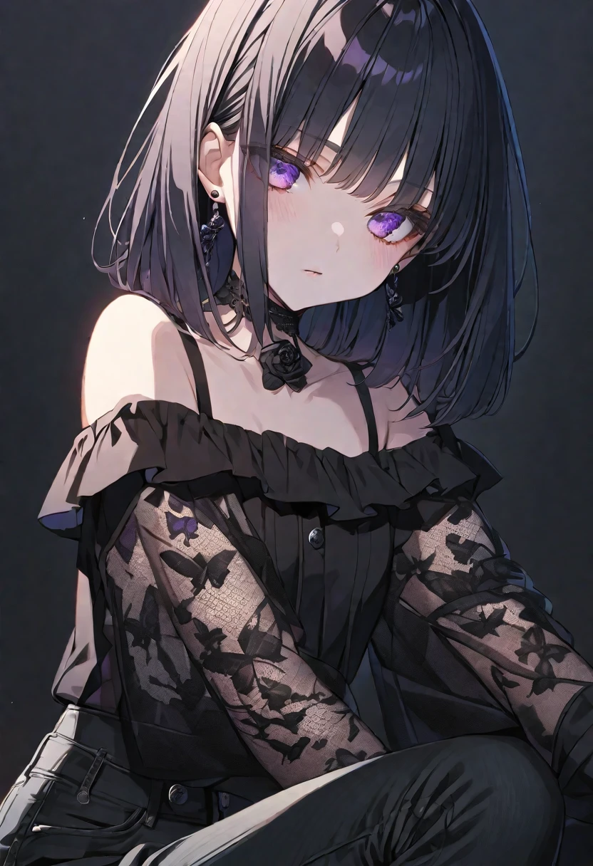 solo, handsome,
1. Female,
Hime cut,Straight Hair,Bob Hair,
black hair,
Nakano Yotsuba,
purple Eyes,Soft look,Lolita,butterfly Tattoo,Lots of black earrings,choker,
black Off Shoulder,black Distressed jeans,
skin,Black Rose,
black background,