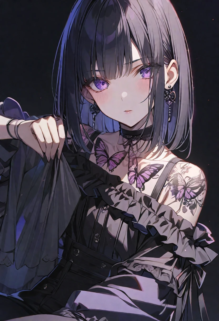 solo, handsome, 
1. Female,
Hime cut,Straight Hair,Bob Hair, 
black hair, 
Nakano Yotsuba,
purple Eyes,Soft look,ta,butterfly Tattoo,Lots of black earrings,choker,
black Off Shoulder,black Distressed jeans,
skin,Black Rose,
black  background,