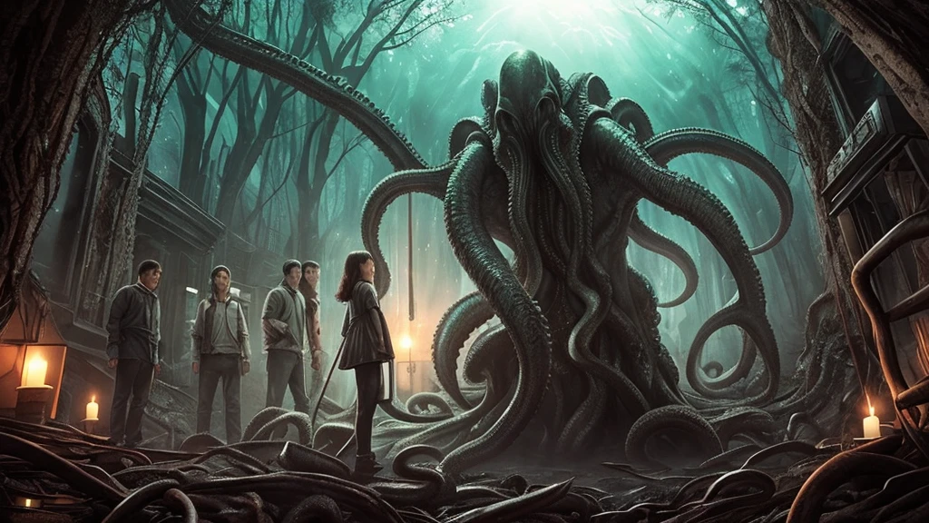 Unspeakable horror、Cthulhu、Movie footage、High resolution、masterpiece、The wide-angle lens is distorted、Alien good々Coming down、A girl is looking up、anime