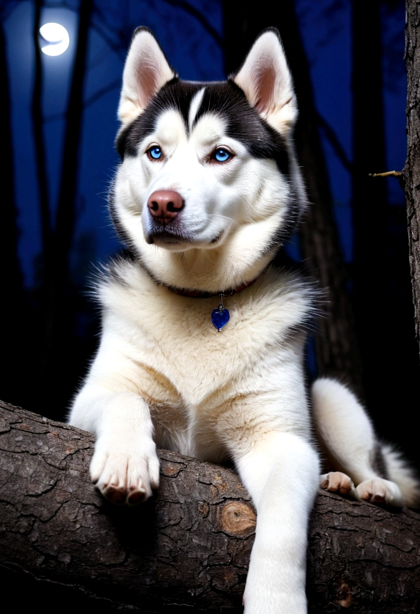 Siberian husky in the forest.lying on a tree、Rin々A good appearance、Moonlit Night
