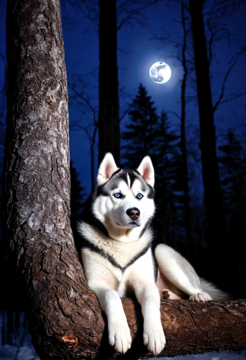 Siberian husky in the forest.lying on a tree、Rin々A good appearance、Moonlit Night