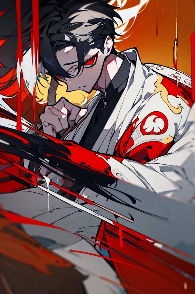 a close up of a person with a sword and a guy with a red dress, handsome guy in demon slayer art, best anime character design, detailed anime character art, anime character; full body art, anime character design a death god, character adoptable, handsome japanese demon boy, bloody + concept art, official character art, onmyoji detailed art, beautiful male god of death a close up of a person in a black dress with a gold belt, flowing white robes, black haired deity, genshin impact character, golden-black robes, picture of a male samurai and death god, d&d dark sun character art, official character art, holding a katana, holding a katana, holding a katana, holding a katana, holding a katana, bloody, bloody, bloody, bloody, red and golden effects, red and golden effects, red effects, golden effects, black and white hair, black and white hair, black and white hair, black and white hair, black and white hair, golden effects, golden effects