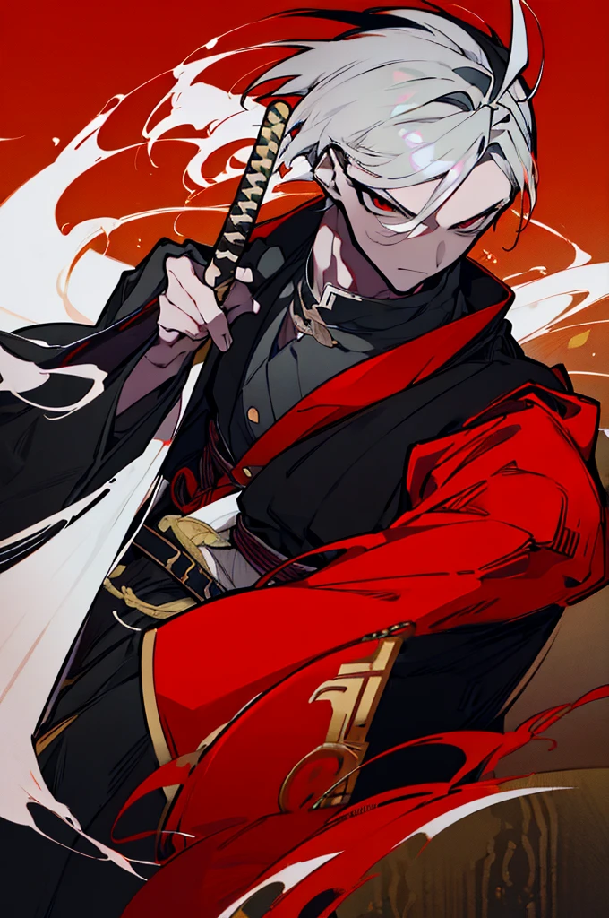 a close up of a person with a sword and a guy with a red dress, handsome guy in demon slayer art, best anime character design, detailed anime character art, anime character; full body art, anime character design a death god, character adoptable, handsome japanese demon boy, bloody + concept art, official character art, onmyoji detailed art, beautiful male god of death a close up of a person in a black dress with a gold belt, flowing white robes, black haired deity, genshin impact character, golden-black robes, picture of a male samurai and death god, d&d dark sun character art, official character art, holding a katana, holding a katana, holding a katana, holding a katana, holding a katana, bloody, bloody, bloody, bloody, red and golden effects, red and golden effects, red effects, golden effects, black and white hair, black and white hair, black and white hair, black and white hair, black and white hair, golden effects, golden effects