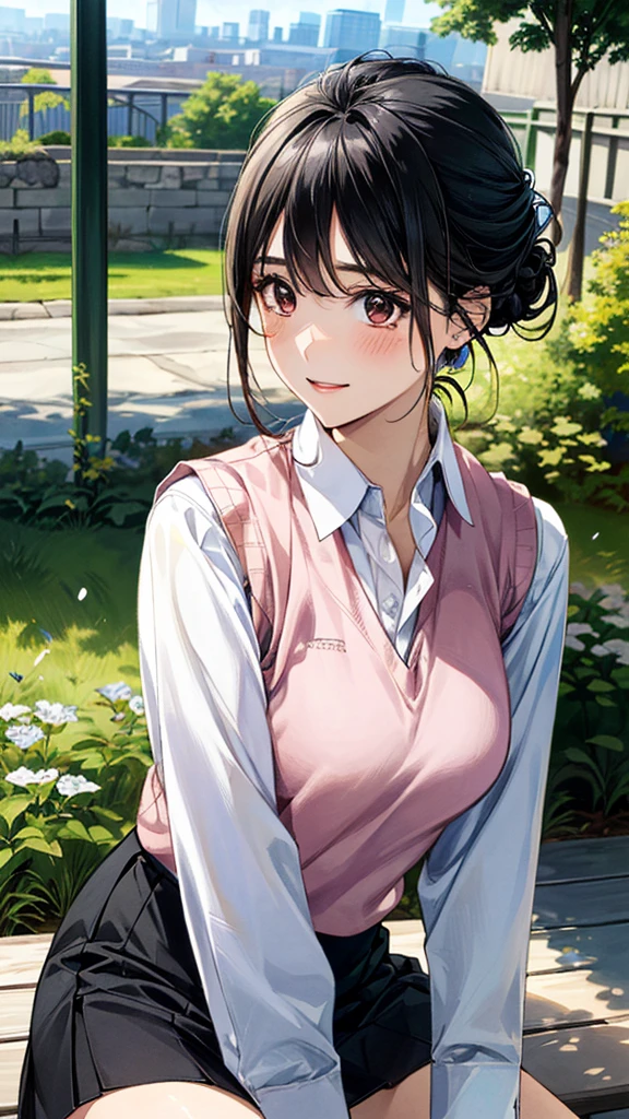 (masterpiece:1.2, Highest quality, Ultra-high resolution, Super detailed), (Realistic, photoRealistic:1.4), Beautiful illustrations, (Natural Side Lighting, Cinema Lighting), View your viewers, 1 Girl, Japanese, Adult women,30 years old, Perfect Face, (Perfect Anatomy), Cute and symmetrical face, Shiny skin, thin,(Black Hair, Updo Hair:1.4)、braided bangs、 Hair between the eyes, Swept-apart bangs, Brown eyes, Droopy eyes, Big eyes, Long eyelashes, (Large Breasts), Beautiful Hair, Beautiful Face, Beautiful attention to detail, Beautiful clavicle, Beautiful body, Beautiful breasts, Beautiful thighs, Beautiful feet, (((Collared long sleeve shirt:1.4), Wraparound skirt:1.4, Wearing a V-neck vest over a shirt、(V-neck vest:1.3))), (Beautiful views), Depth of written boundary, morning, (garden, distant cityscape), Sitting on a bench, (Cute smile, Upward glance, Open your mouth),