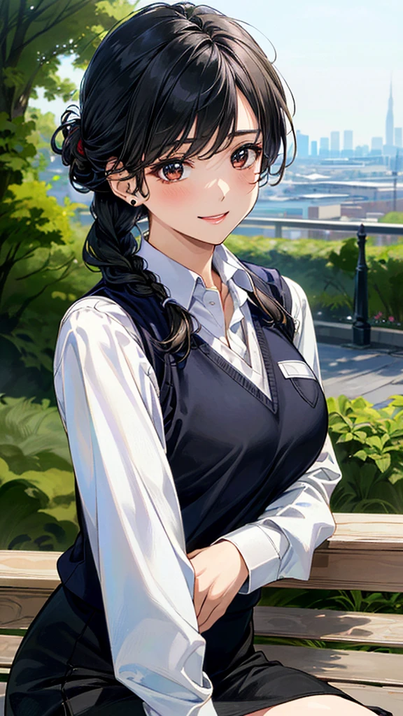 (masterpiece:1.2, Highest quality, Ultra-high resolution, Super detailed), (Realistic, photoRealistic:1.4), Beautiful illustrations, (Natural Side Lighting, Cinema Lighting), View your viewers, 1 Girl, Japanese, Adult women,30 years old, Perfect Face, (Perfect Anatomy), Cute and symmetrical face, Shiny skin, thin,(Black Hair, Updo Hair:1.4)、braided bangs、 Hair between the eyes, Swept-apart bangs, Brown eyes, Droopy eyes, Big eyes, Long eyelashes, (Large Breasts), Beautiful Hair, Beautiful Face, Beautiful attention to detail, Beautiful clavicle, Beautiful body, Beautiful breasts, Beautiful thighs, Beautiful feet, (((Collared long sleeve shirt:1.4), Wraparound skirt:1.4, Wearing a V-neck vest over a shirt、(V-neck vest:1.3))), (Beautiful views), Depth of written boundary, morning, (garden, distant cityscape), Sitting on a bench, (Cute smile, Upward glance, Open your mouth),