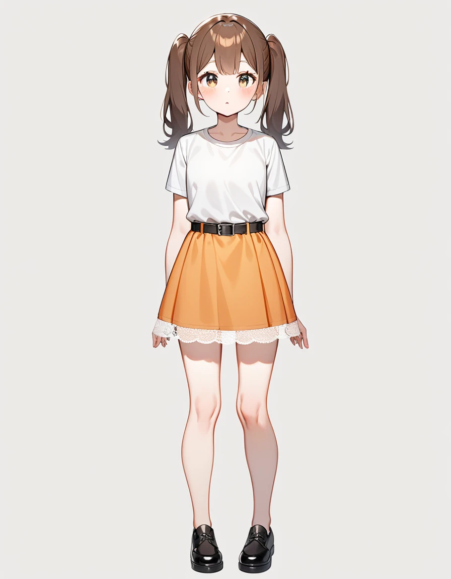 girl, Brown hair, two ponytails in hair with orange tails, Brown eyes, White T-shirt, orange sundress, black shoes, Black Belt, Short skirt, white lace at the end of the skirt, White background, full height,