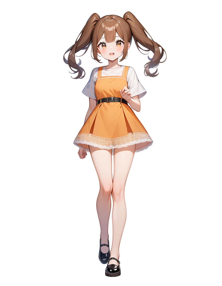 girl, Brown hair, two ponytails in hair with orange tails, Brown eyes, White T-shirt, orange sundress, black shoes, Black Belt, Short skirt, white lace at the end of the skirt, White background, full height,