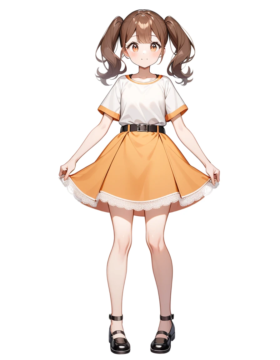 girl, Brown hair, two ponytails in hair with orange tails, Brown eyes, White T-shirt, orange sundress, black shoes, Black Belt, Short skirt, white lace at the end of the skirt, White background, full height,