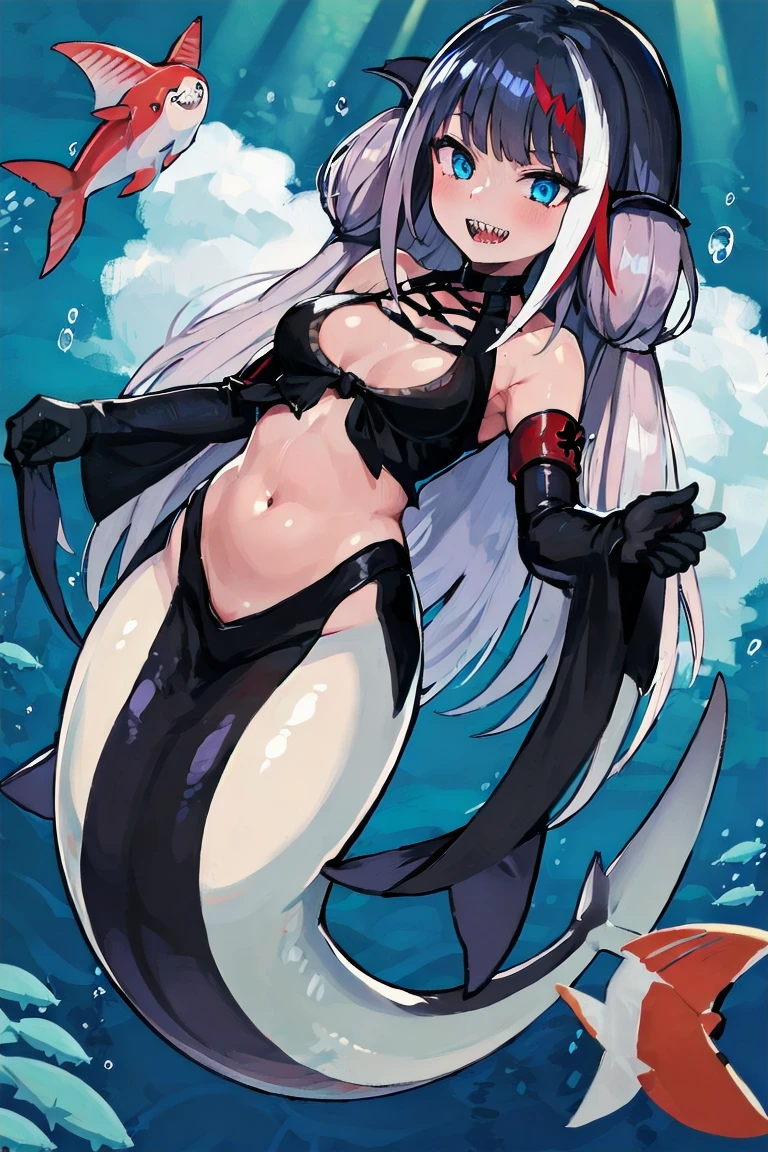 ((Masterpiece)), (Best quality), 1girl, :d, bare shoulders, black gloves, black hair, black sclera, blue eyes, , colored sclera, colored skin, elbow gloves, fins, full body, gills, gloves, head fins, kneeless mermaid, looking at viewer, medium breastsid, mershark, monster girl, monsterification, multicolored hair, navel, open mouth, red hair, shark girl, sharp teeth, smile, solo, streaked hair, teeth, underwater, v-shaped eyebrows, very long hair, white hair, white skin, deutschland_azurlane