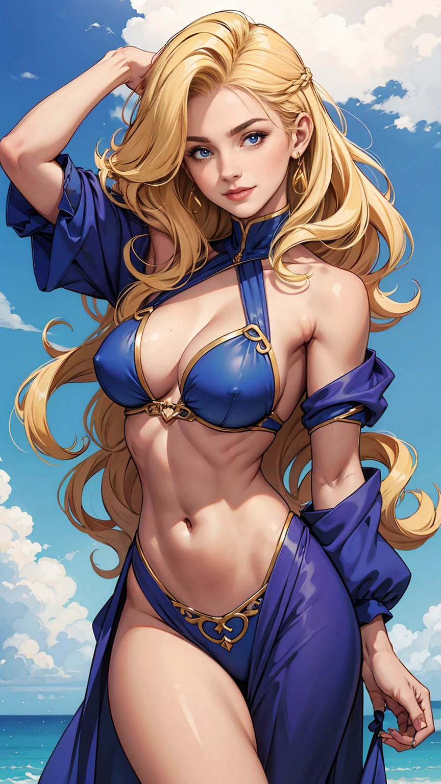 Mulher branca de 24 anos、hair color is blonde、The color of the eyes is blue、Cabelo comprido、The ends of my hair are curled out、Homem magro, mas musculoso e bem proporcionado、My abdomen is cracked、The navel is out、um sorriso、EU'estou usando um colar、wrist accessories、Wearing a one-shoulder top、She is wearing a low-waisted pleated skirt.、EU'm wearing sandals、Perto do arco no beco da cidade velha、Holding hands on the wall、The female is looking to the side