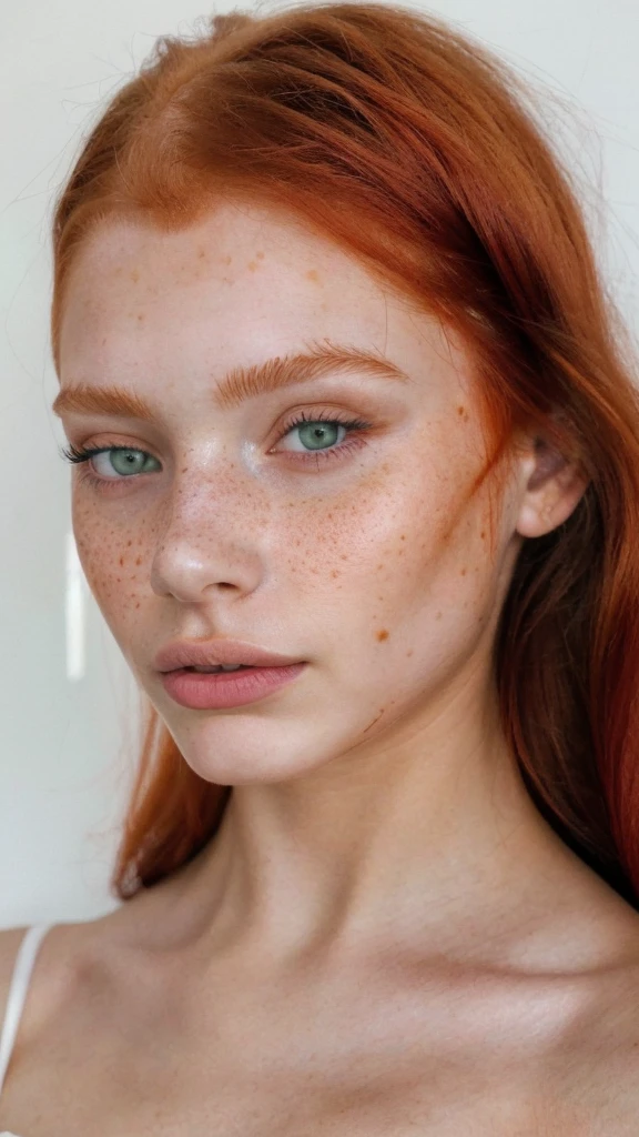 raw photo, (18yo redhead girl:1.2), graphic eyeliner, rouge, realistic skin texture, Freckles, green eyes, Pele branca clara, instagram style, Pale white skin, redhead pattern, Makeup, High-quality photo, 4k