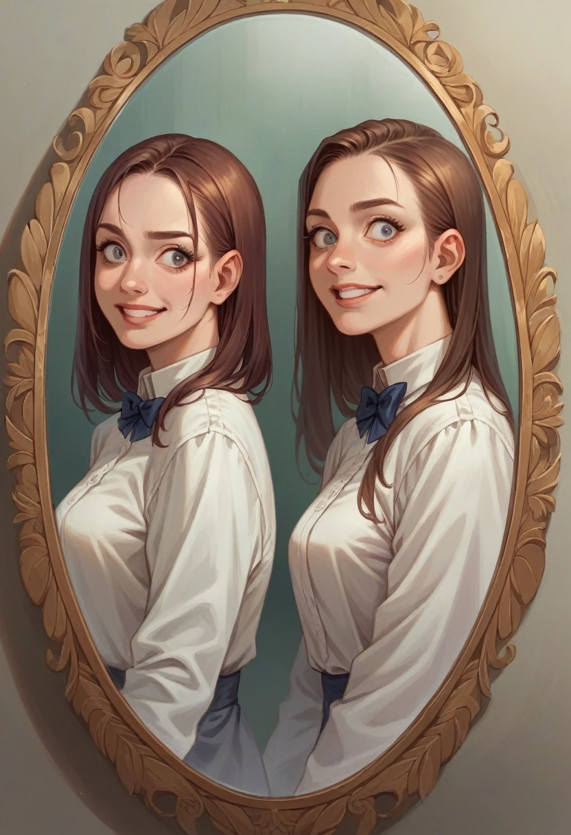 mysterious、Two Women、Two Women in the Mirror(Four people in total)、Mysterious images with different clothes and hairstyles、Realistic, detailed and high quality、With the smiling beauty in the mirror、Two people surprised at the mirror、mysteriouysterious phenomenon
