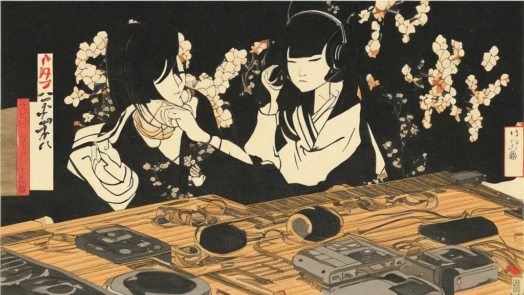 Japanese painting、music、headphone、DJ、record