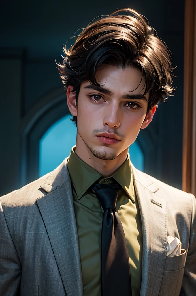 solo, mirando al espectador, cabello largo hasta la espalda, golpes, fondo sencillo, camisa, pelo verde, 1 chico, Fondo blanco, pelo entre los ojos, Ojos claros, lentes, boca cerrada, aura fuerte, joven ,chaqueta, white camisa, parte superior del cuerpo, enfoque masculino, corbata, collared camisa, nombre del artista, formal, retrato, black corbata