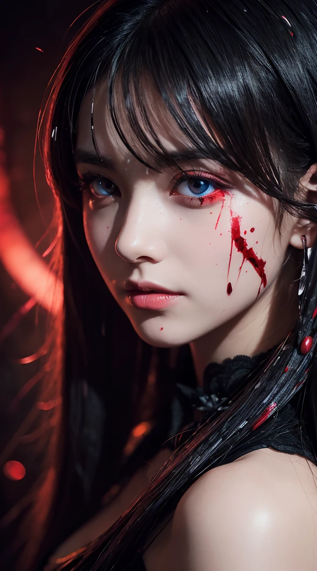（This is a CG illustration..）(Tabletop:1.2, Highest quality), (Beautiful, detailed eyes: 1.2), (Detailed Background,Dark fantasy), (Beautifully detailed face), High Contrast, (Best lighting, Very delicate and beautiful), ((Cinematic Light)), colorful, Hyper Detail, Dramatic Light, Intricate details, (1 Girl, alone,Black Hair, Sharp Face,Low twin tails,Red eyes, Hair between the eyes,Dynamic Angle), (Blood splatter:1.4), Black light swirling around the character, Depth of written boundary,Blacklight Particle Loken Zic Circle, (lick the sword)