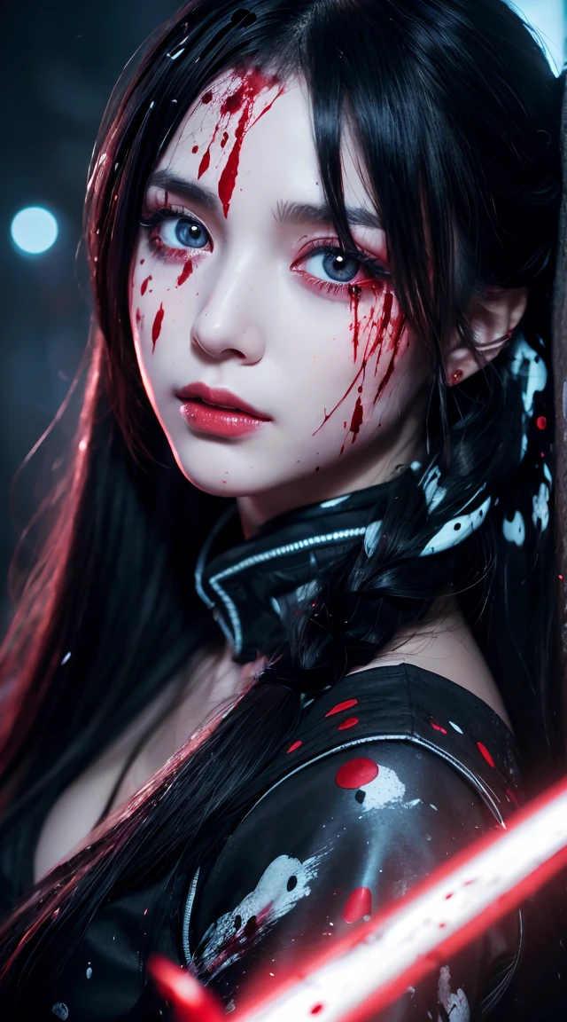 (This is a CG illustration..)(Tabletop:1.2, Highest quality), (Beautiful, detailed eyes: 1.2), (Detailed Background,Dark fantasy), (Beautifully detailed face), High Contrast, (Best lighting, Very delicate and beautiful), ((Cinematic Light)), colorful, Hyper Detail, Dramatic Light, Intricate details, (1 Girl, alone,Black Hair, Sharp Face,Low twin tails,Red eyes, Hair between the eyes,Dynamic Angle), (Blood splatter:1.4), Black light swirling around the character, Depth of written boundary,Blacklight Particle Loken Zic Circle, (lick the sword)