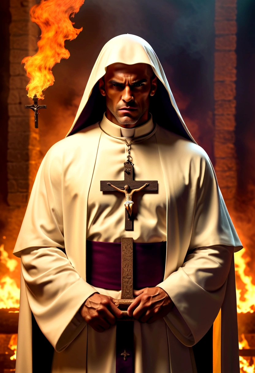 Create an image with an ultra realistic maromba muscular priest in cassock tearing up with so much muscle the priest has a face with an angry expression with a crucifix in his hand expelling demons with a fire background the desperate demon full hd