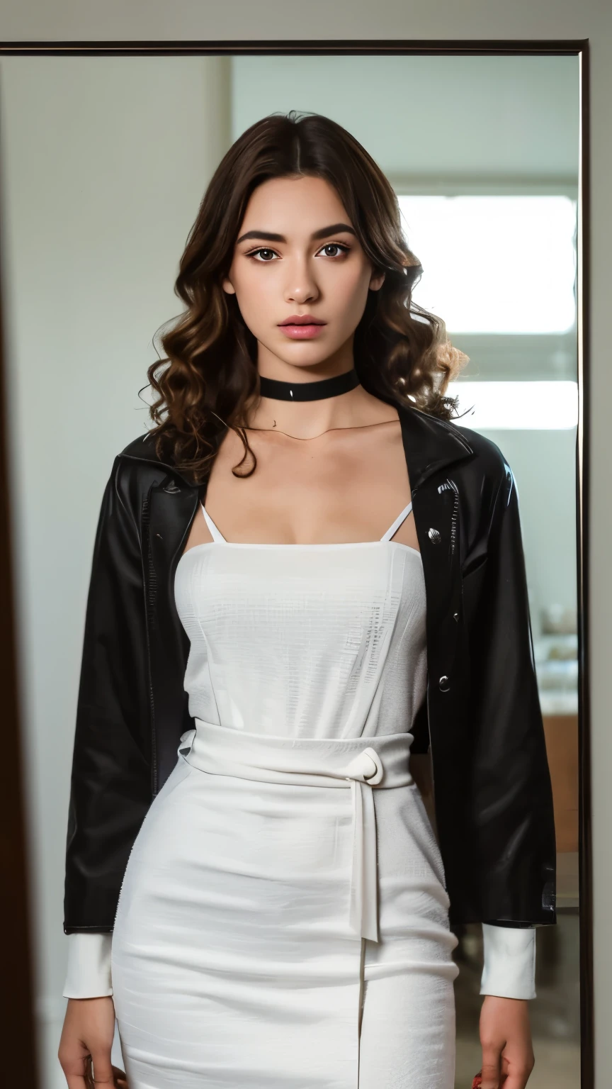 (best quality:2, 8k:2,absurdres:2, masterpiece:2, atmospheric:2, extremely detailed, detailed textures, detailed cloth texture, perspective), 1girl, solo, woman, mature woman, 28 years old woman, 28 years old, epic, soft light, dramatic lighting, reflection, highlight, depth of field, sharp focus, vibrant colors:2,photorealistic:2, black choker, sci-fi choker, choker, dark outfit, sci-fi costume, sci-fi clothes, making eye contact, looking at viewer, pale skin, perfect face, nose bridge, big eyes, pink eyes, magenta eyes, reflection in eyes, closed lips, thin lips, curly hair:1.0, very curly hair, serious expression, brown hair, (((cowboy shot:1.0)))