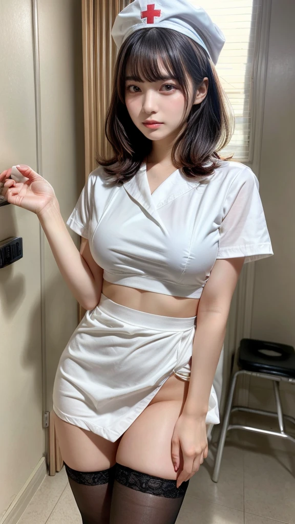 masterpiece, best quality, illustration, Super detailed, fine details, High resolution, 8K,wall paper, perfect dynamic composition,(Details High quality, realistic depiction of eyes:1.3), Hospital Rooms、White nurse cap、White tights、White nurse uniform、to stand、Hand skirt、Flipping up a white skirt, ?????????????,short bob hair, black hair color, Big Natural Color Lip, bold ???? pose, crying a little、Harajuku style、20 year old girl、cute type、lolita、beautiful legs, hposing Gravure Idol