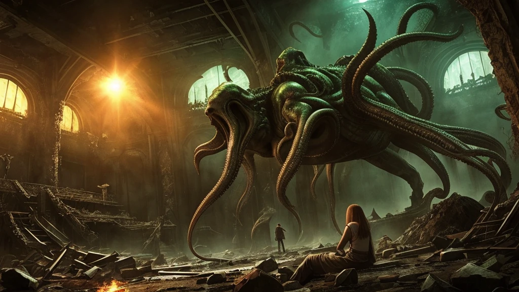 Unspeakable horror、Cthulhu、Movie footage、High resolution、masterpiece、The wide-angle lens is distorted、Alien good々Coming down、A girl is looking up、anime