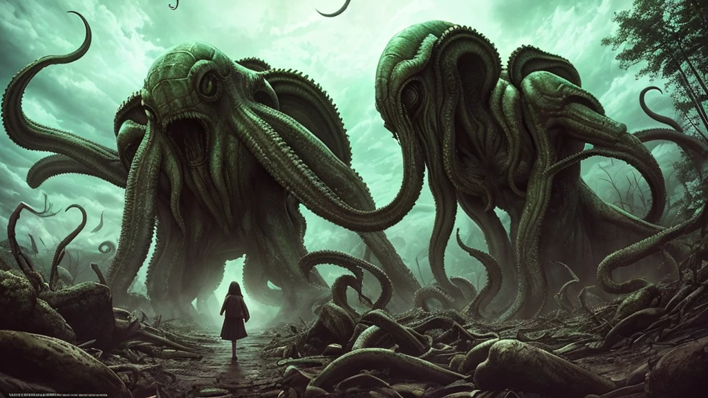 Unspeakable horror、Cthulhu、Movie footage、High resolution、masterpiece、The wide-angle lens is distorted、Alien good々Coming down、A girl is looking up、anime