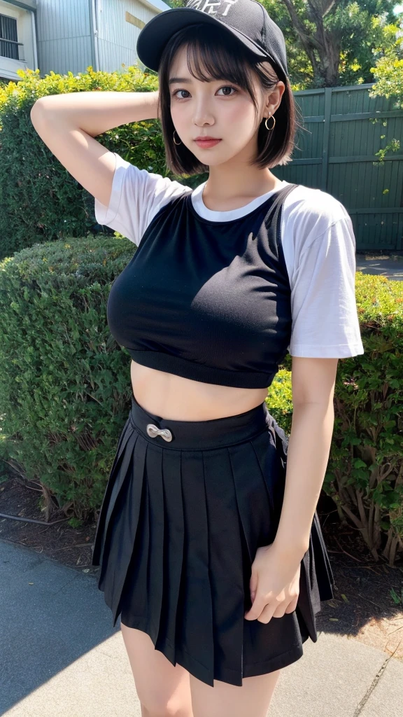 masterpiece, best quality, illustration, Super detailed, fine details, High resolution, 8K,wall paper, perfect dynamic composition,(Details High quality, realistic depiction of eyes:1.3), baseball cap, earrings, (black t-shirt), (black pleated skirt), short bob hair, black hair color, Big Natural Color Lip, sexy pose, (perfect body shape), crying a little、 Harajuku style、20 year old girl、cute type、ta, hposing Gravure Idol, full body photo、focus on crotch, huge breasts
