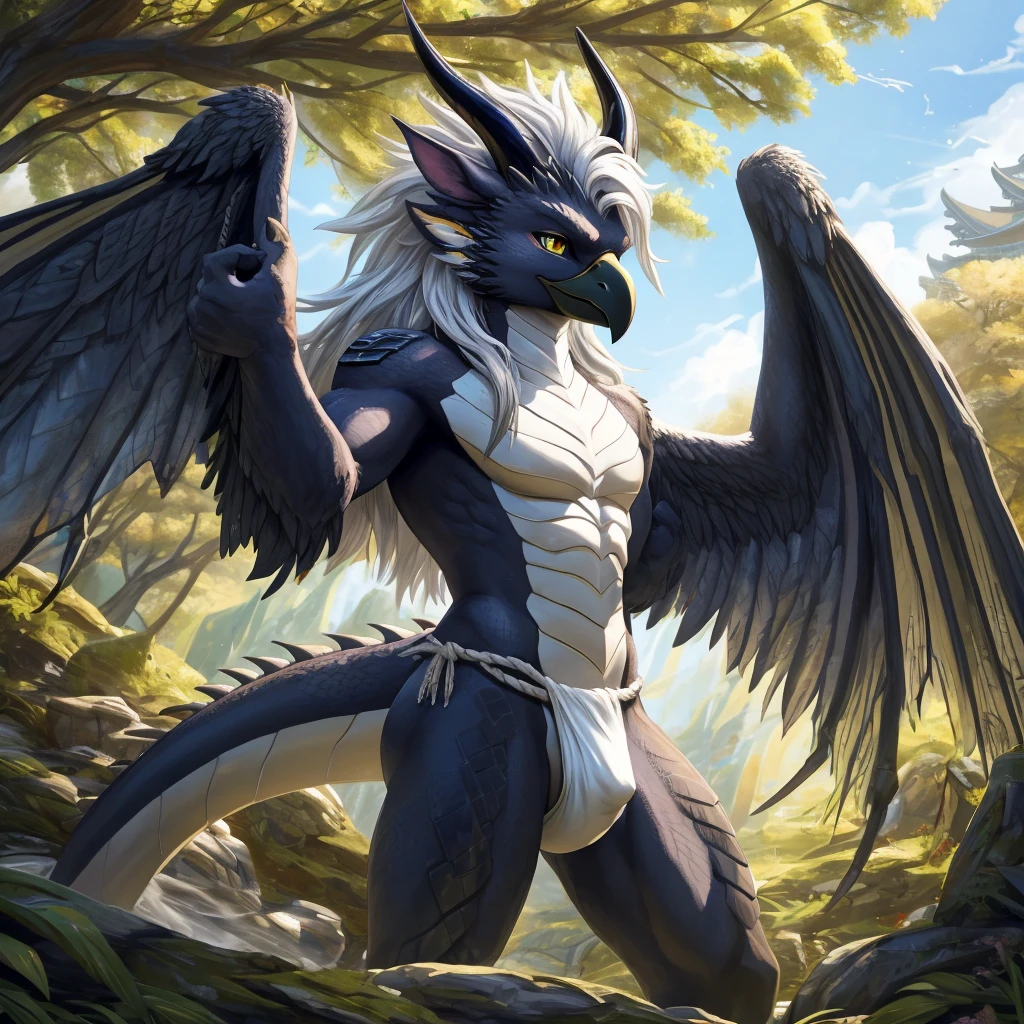 ultra-detailed, masterpiece, masterwork, high quality, best quality, hdr, (nature, japanese style), nsfw, male, solo, dragon, avian, (bulge white fundoshi), (navy little body crow), (long silver hair, beak, horn), detailed yellow eyes, tsurime, standing, dynamic angle, wings, cross your arms