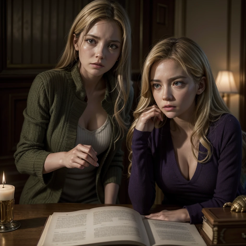 Chapter 5: A Armadilha"Caroline is confronting Luke, o advogado, in a room of the mansion. She shows him the old diary and voodoo artifacts, esperando sua ajuda. No entanto, Luke reveals his alliance with Violet, sorrindo de forma sinistra. Violet is in the background, observando a cena com um olhar triunfante. Caroline has an expression of shock and despair upon realizing the betrayal. The atmosphere is one of betrayal and imminent danger."