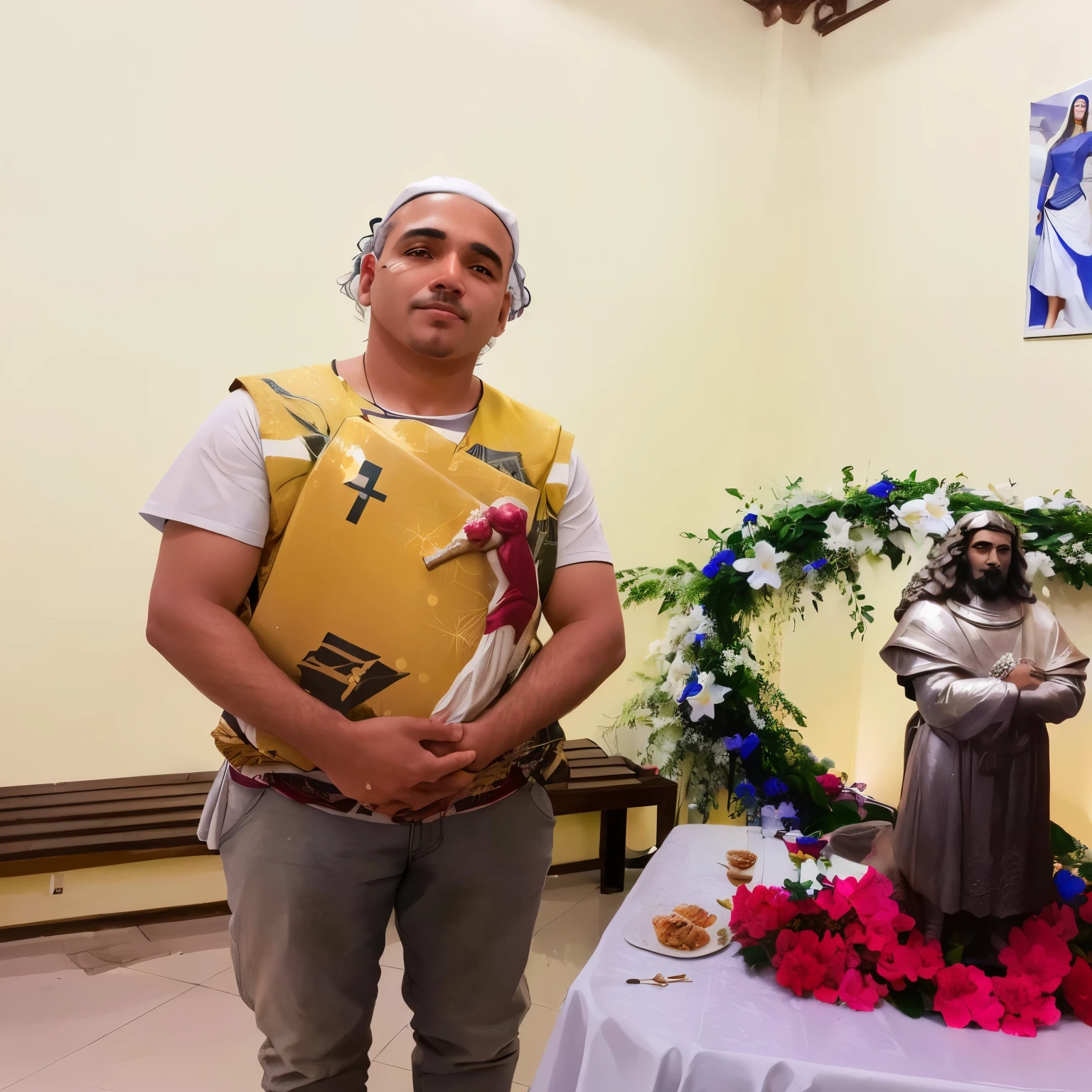 man standing in front of a table with a statue of a woman, inspirado em Francisco Souza, carmelo blandino, salustiano garcia cruz, José Miguel Roman France, bispo do rosario, Jose Moncada, por Daniel Lieske, foto realista, obra-prima de luz brilhante, vitor maristane, com jesus, para ser devolvido
