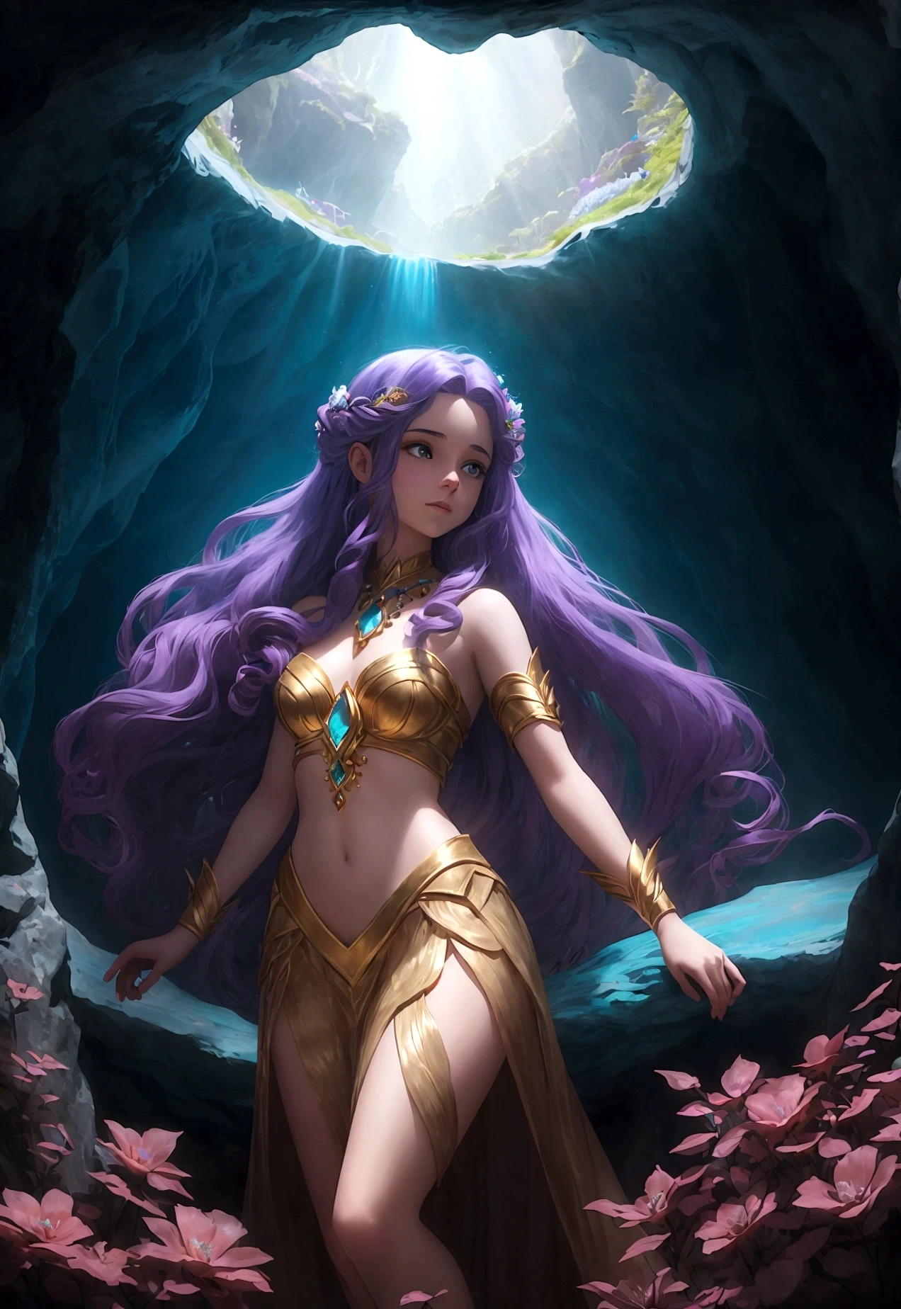 "In the heart of the Cave of Wonders, a girl with flowing hair explores the breathtaking underground grotto. She is surrounded by enormous, glistening gemstones, their vivid colors casting a magical allure. The play of light and shadows adds depth and mystery to the scene.
