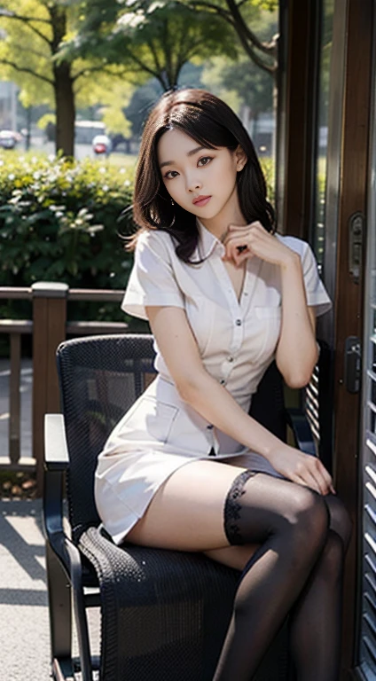 Highest quality, Full body portrait, Delicate face, Pretty face, 25-year-old woman, Slim figure, Small Bust, OL Uniform, Office Clothes, Black Stockings, Outdoor Scene, Sitting posture