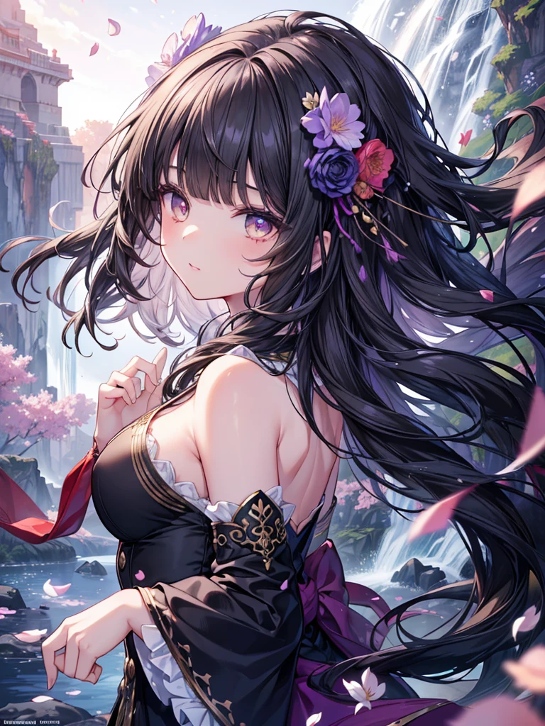 (best quality,4k,8k,high,masterpiece:1.2),ultra detail,beautiful girl,big breasts,mature,tall body,close up,seductive body,chinese style dress,lazily lying on a flat rock full of flowers,flying petals, seductive pose, colorful, magical forest, shiny particles, sparkling, night, atmospheric, enchanted, ethereal lighting, pure beauty, dreamy, serene, calm, mystical, alluring, mysterious, feminine, charming presence, black hair, red highlights, side braid , red eyes, gentle smile, graceful posture, peaceful aura, radiant, beauty in nature