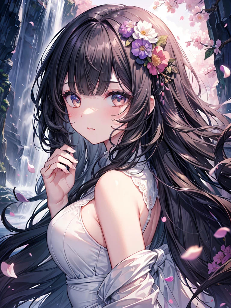 (masterpiece),(top-quality),(ultra-detailliert),hight resolution,in 8K animation,1girl,black wavy hair,(round eyes),blunt bangs,[violet eyes:(gold eyes):0.55],looking back, floating Petals,waterfall,(beautifull detailed face),(beatiful detailed eyes)