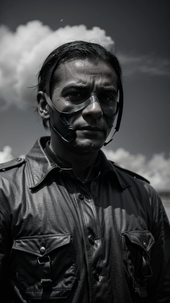Um homem com mascara de gas em 1918s