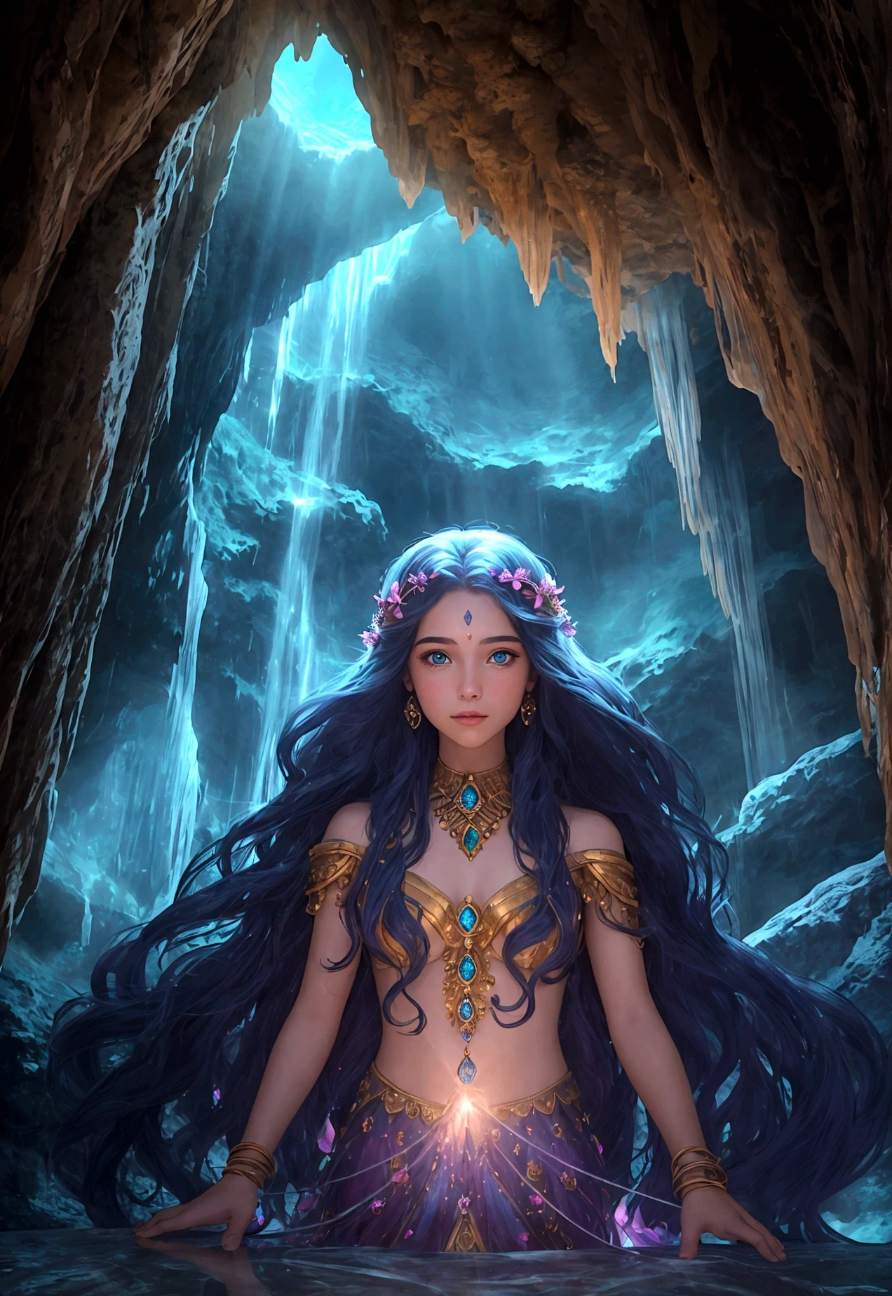 "In the heart of the Cave of Wonders, a girl with flowing hair explores the breathtaking underground grotto. She is surrounded by enormous, glistening gemstones, their vivid colors casting a magical allure. The play of light and shadows adds depth and mystery to the scene.