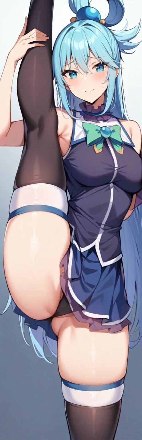(masterpiece, best quality:1.2), 1girl, solo,standing_split,
ksaqua, hair rings, blue shirt, bow, thighhighs, sleeveless clothing,Sleeveless shirt, Unzip the jacket, detail_face, eyeslashes,shinny hair