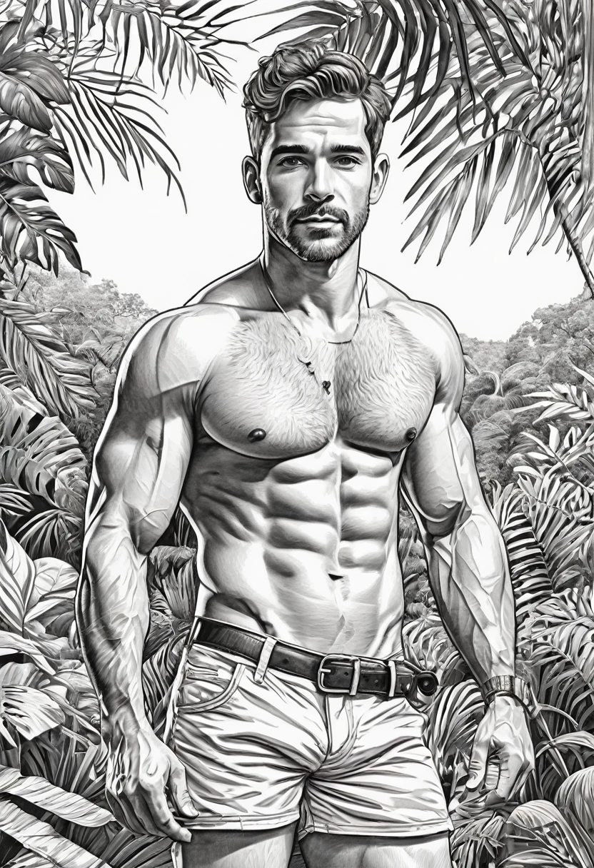 Coloring page for adults, com arte em preto e branco, um homem bonito, com lindos olhos, vestindo apenas cueca branca, com estilo cativante, galante, sedutor, muito sensual, sexually provocative action, large volume of penis highlighted in shorts, comprimento total do corpo, desenho ultra detalhado, this man is in a jungle, com uma bela paisagem, estilo realista, fundo branco, sketch style, apenas contornos, estilo de desenho animado, Linhas finas, livro de colorir, Linhas limpas, sharp lines, arte de linha limpa altamente detalhada, obras de arte requintadas.