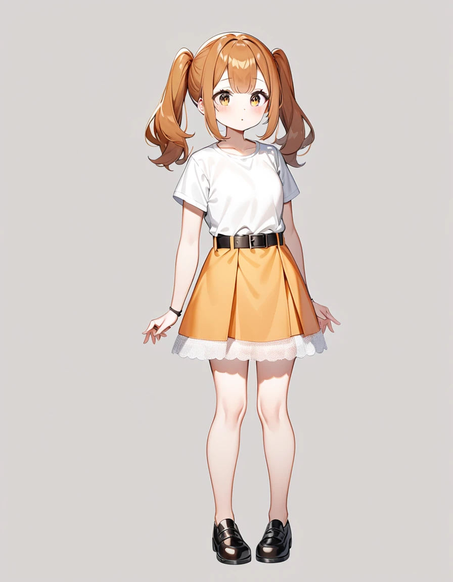 girl, Brown hair, two ponytails in hair, orange hair ends, Brown eyes, White T-shirt, orange sundress, black shoes, Black Belt, Short skirt, white lace at the end of the skirt, White background, full height,