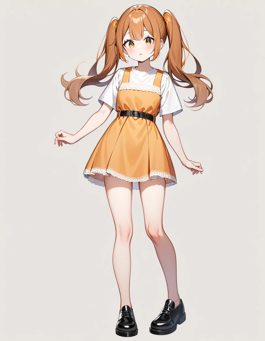 girl, Brown hair, two ponytails in hair, orange hair ends, Brown eyes, White T-shirt, orange sundress, black shoes, Black Belt, Short skirt, white lace at the end of the skirt, White background, full height,