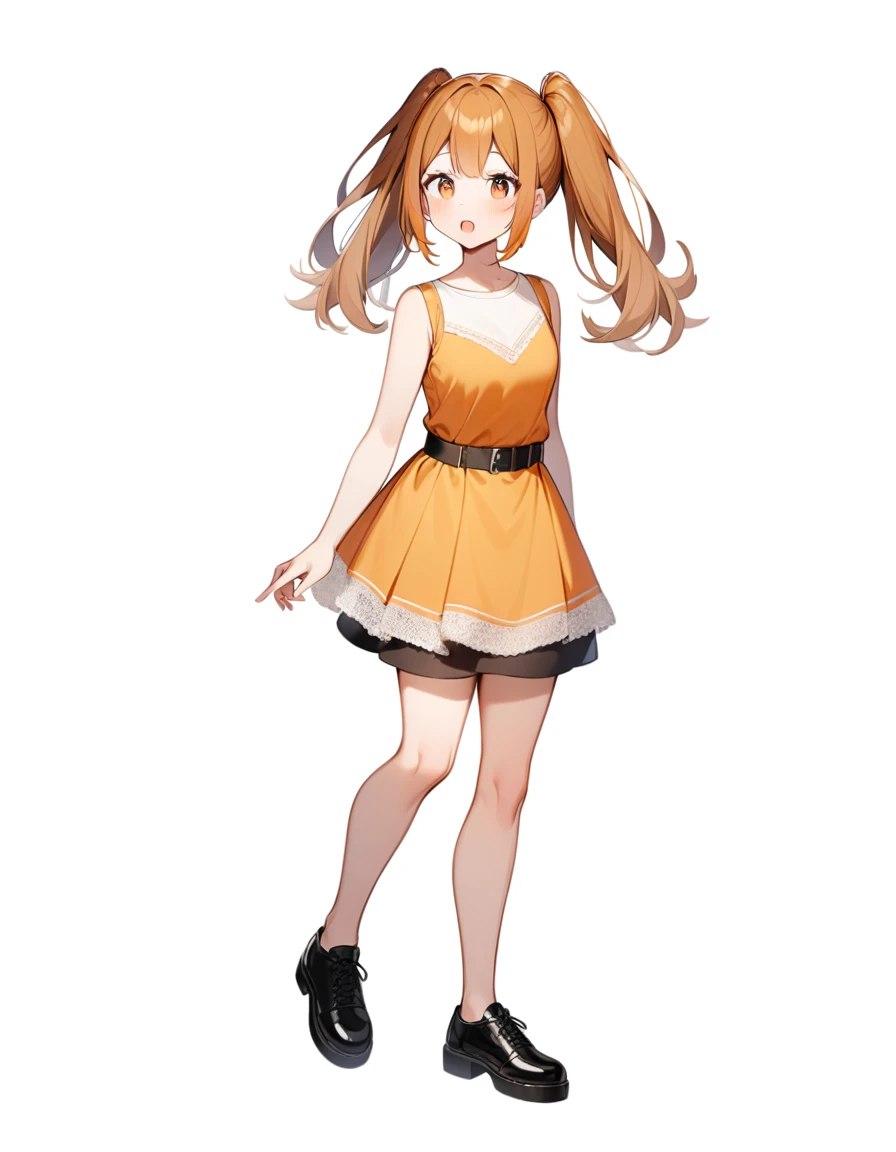 girl, Brown hair, two ponytails in hair, orange hair ends, Brown eyes, White T-shirt, orange sundress, black shoes, Black Belt, Short skirt, white lace at the end of the skirt, White background, full height,