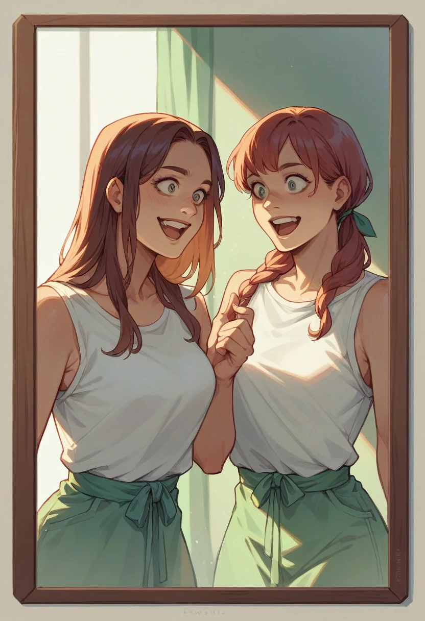 mysterious、Two Women、Two Women in the Mirror(Four people in total)、Mysterious images with different clothes and hairstyles、Realistic, detailed and high quality、With the smiling beauty in the mirror、Two people surprised at the mirror、mysteriouysterious phenomenon