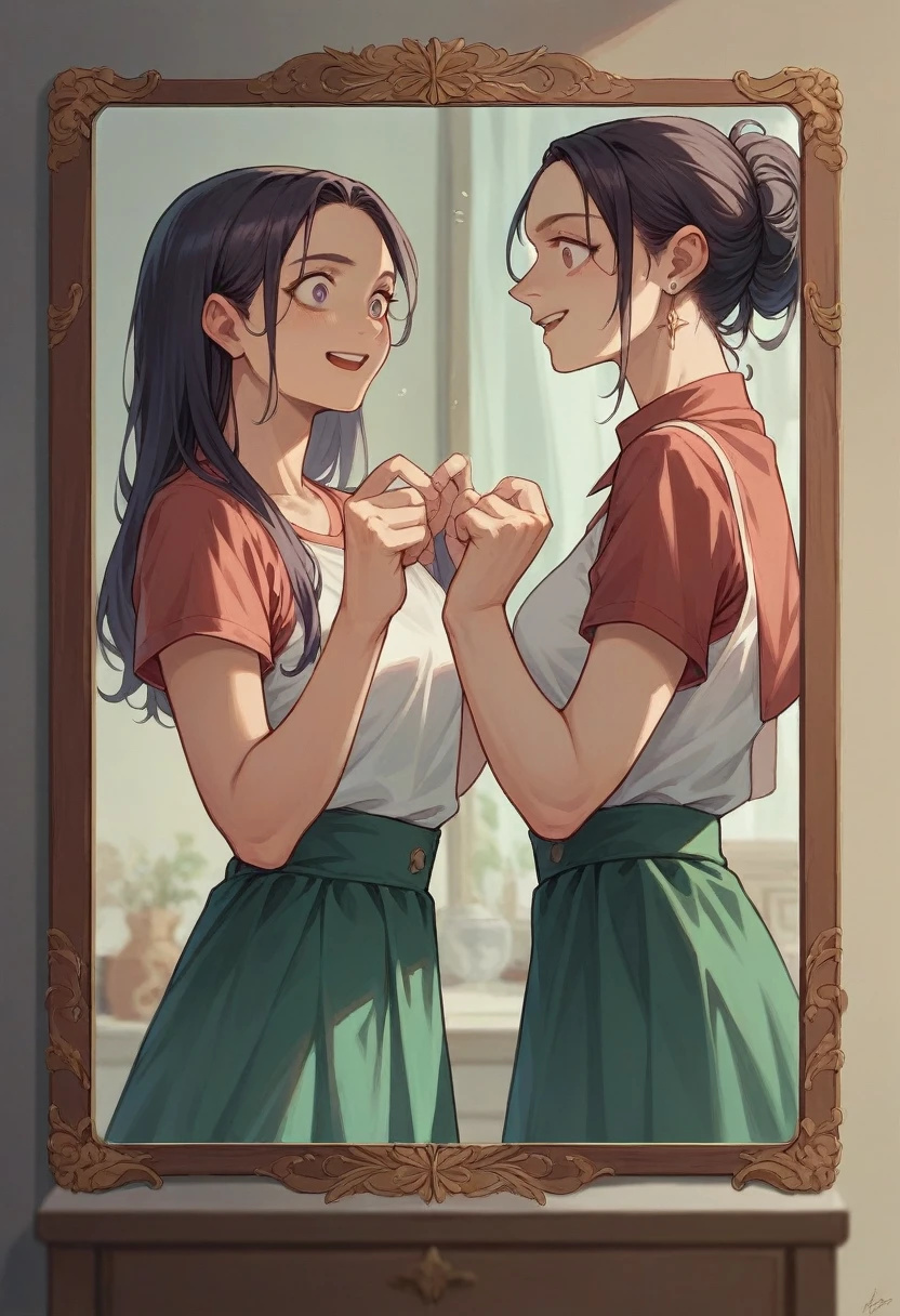 mysterious、Two Women、Two Women in the Mirror(Four people in total)、Mysterious images with different clothes and hairstyles、Realistic, detailed and high quality、With the smiling beauty in the mirror、Two people surprised at the mirror、mysteriouysterious phenomenon