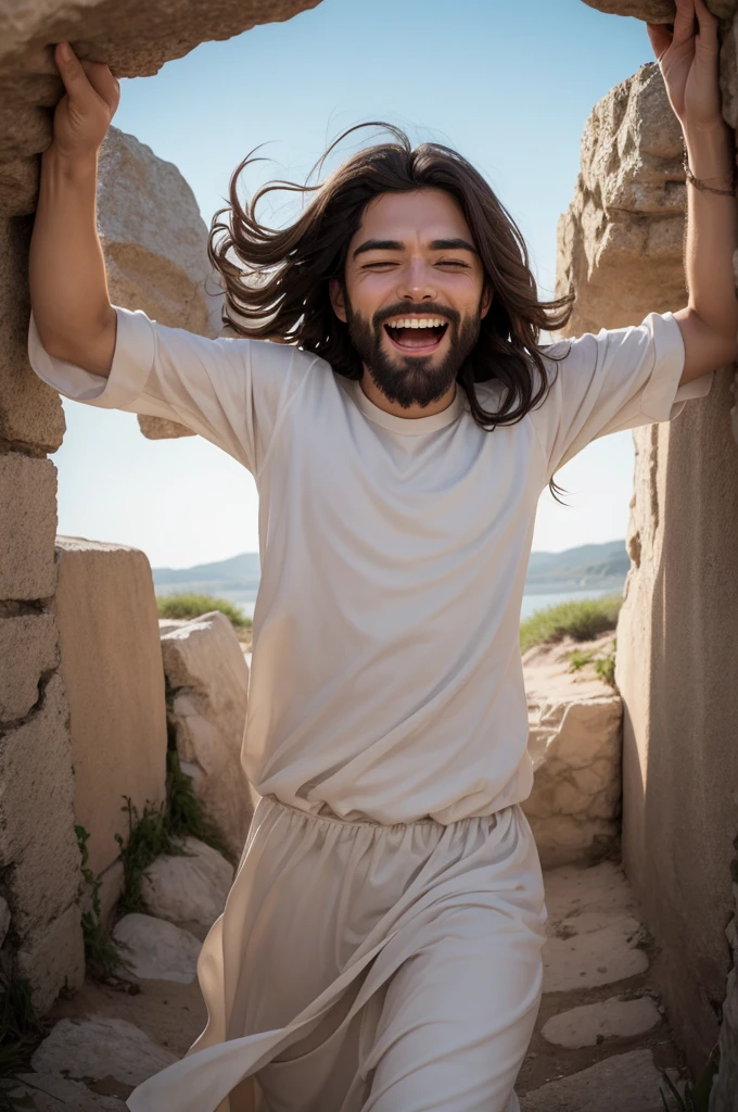 Create an image where Jesus comes out of the tomb with a happy and excited expression.